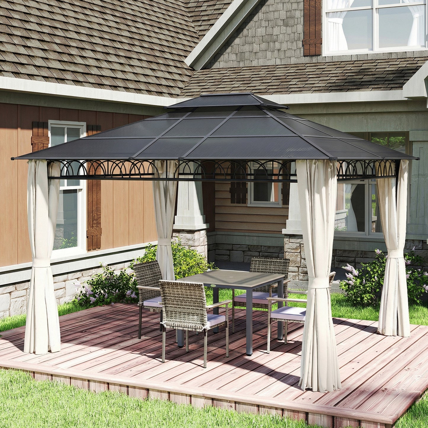 10' x 12' Outdoor Gazebo Canopy, Double Roof Hardtop Gazebo with Polycarbonate Roof, Steel Frame, Nettings and Curtains