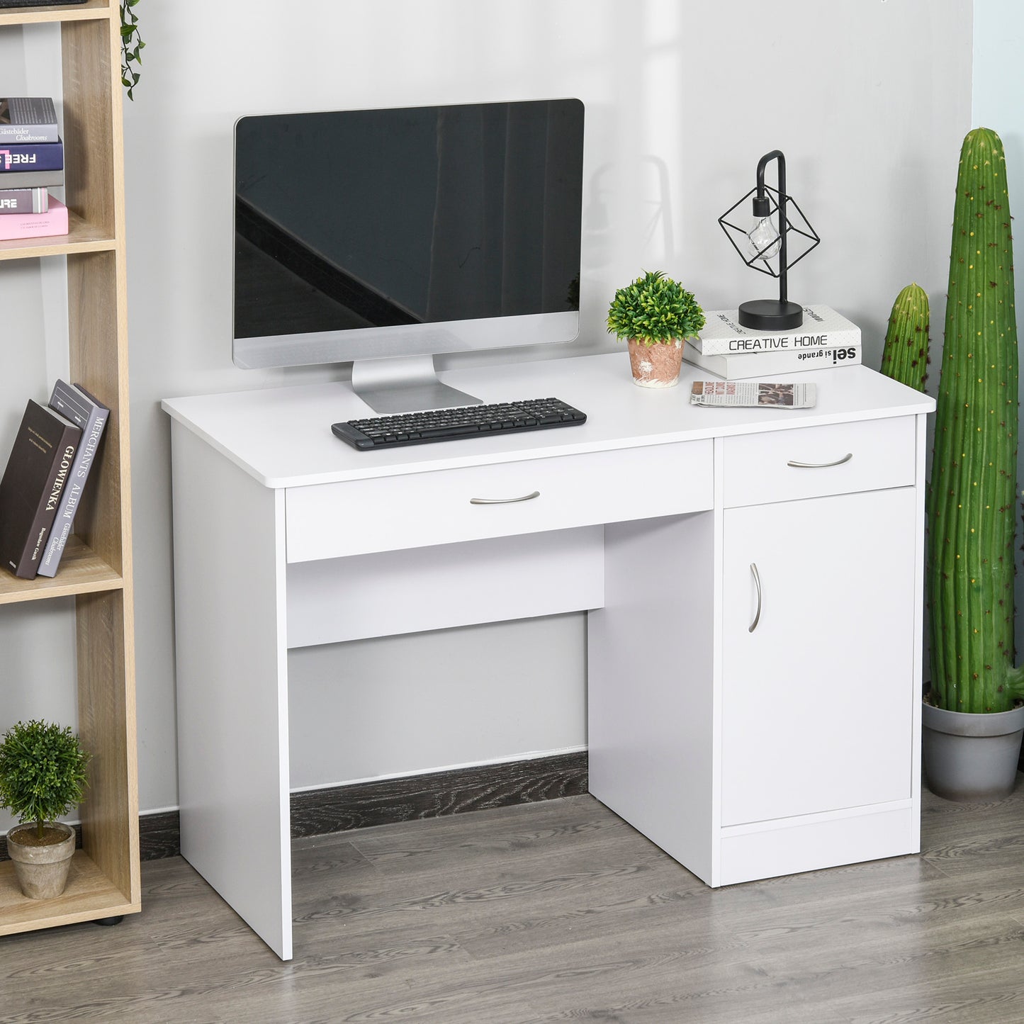 Computer Desk with Storage Drawers, Study Writing Table with Cabinet Adjustable Shelf for Home Office Workstation Bedroom, White