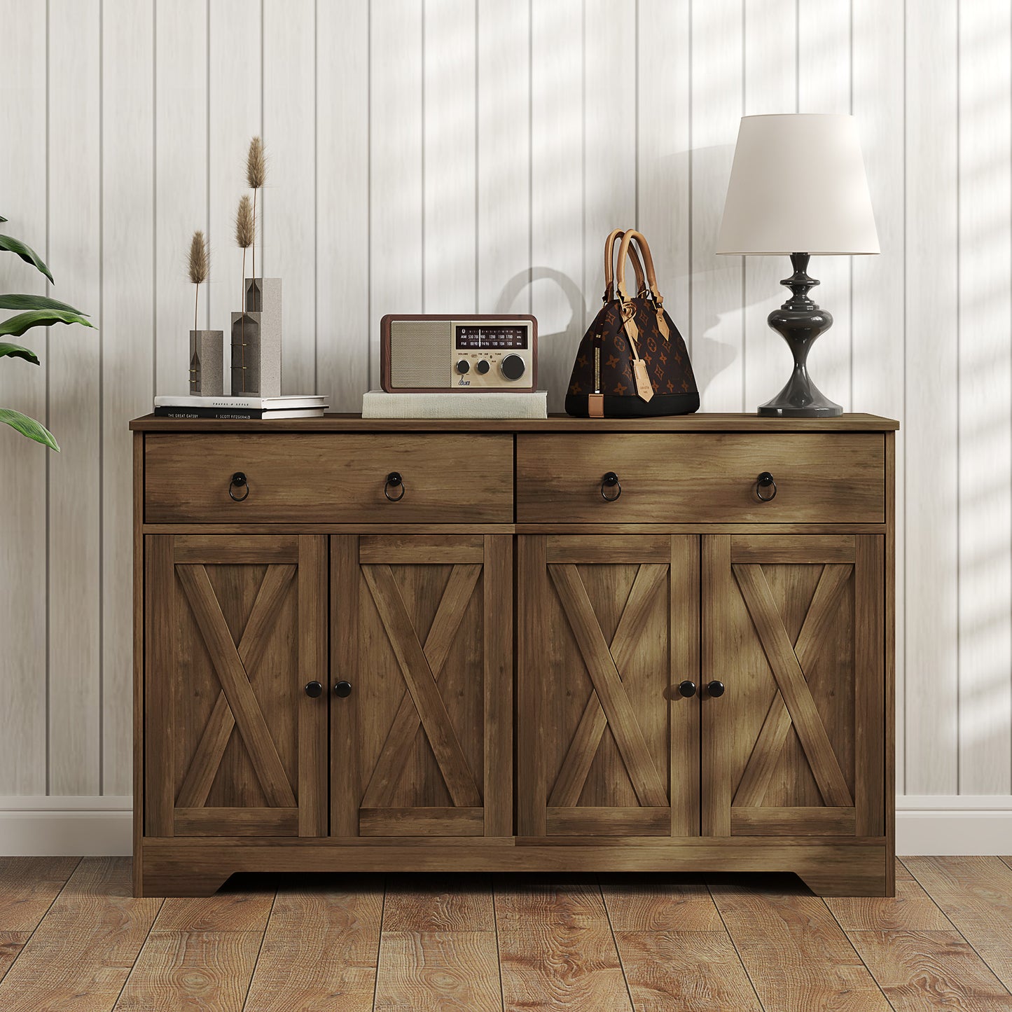 Sideboard Cabinet with 2 Drawers, 4 Barn Doors and 2 Adjustable Shelves, Buffet Table for Living Room, Light Brown