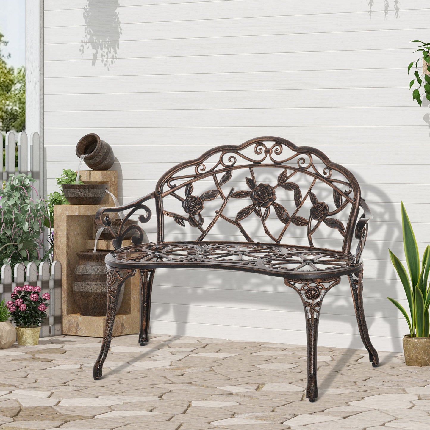 40" Outdoor Garden Bench, Cast Aluminum Antique Rose Style Patio Garden Park Loveseat Bench for Backyard, Porch, Balcony, Lawn, Bronze