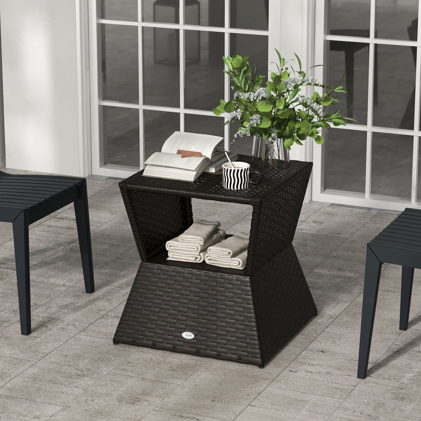 Outdoor Patio Rattan Wicker Coffee Table Garden End Tea Table Bistro Side Table w/ Umbrella Hole, Dark Coffee