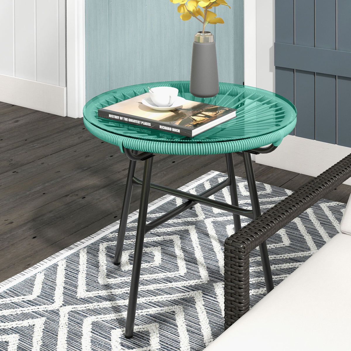 Rattan Side Table, Round Outdoor Table, with Round PE Rattan and Tempered Glass Table Top for Patio, Garden, Light Green