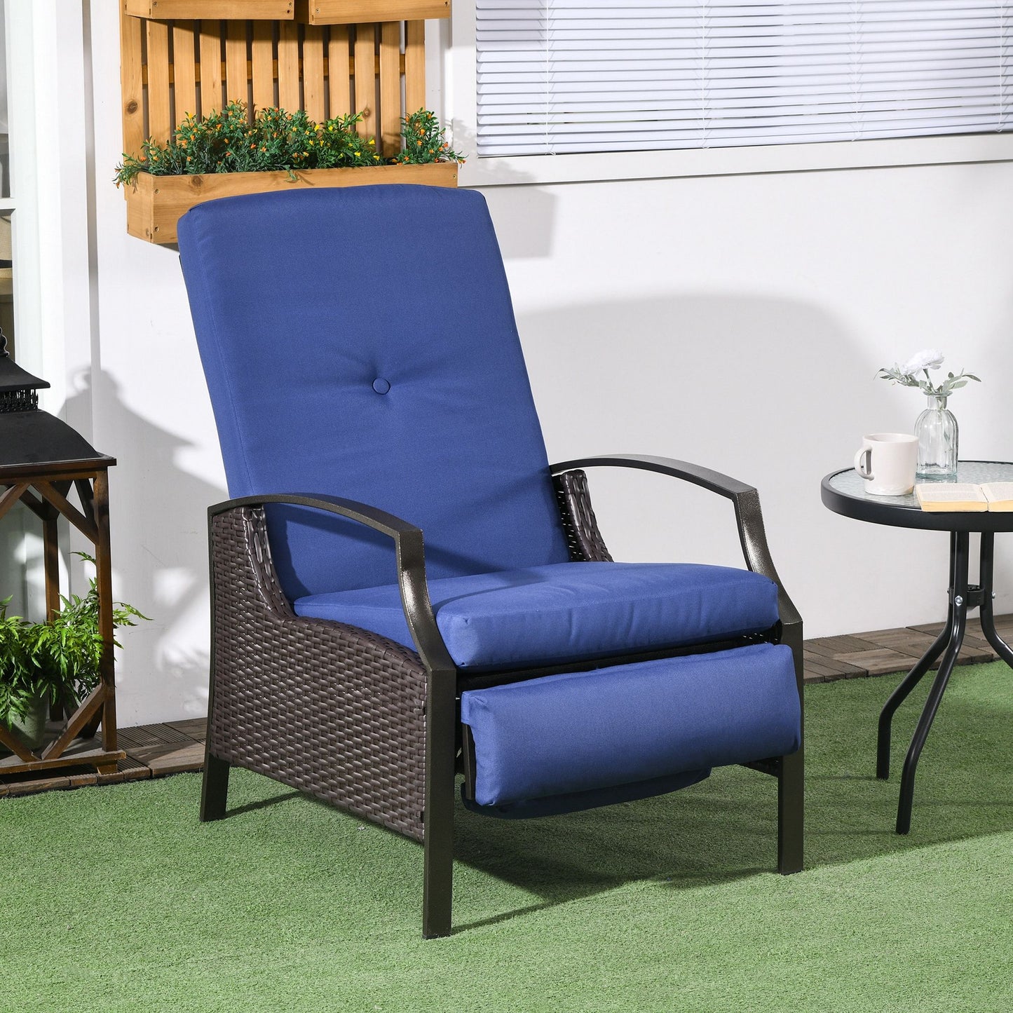 Outdoor Rattan Recliner Chair, Wicker Reclining Chair with Adjustable Back Retractable Footrest Cushion Dark Blue