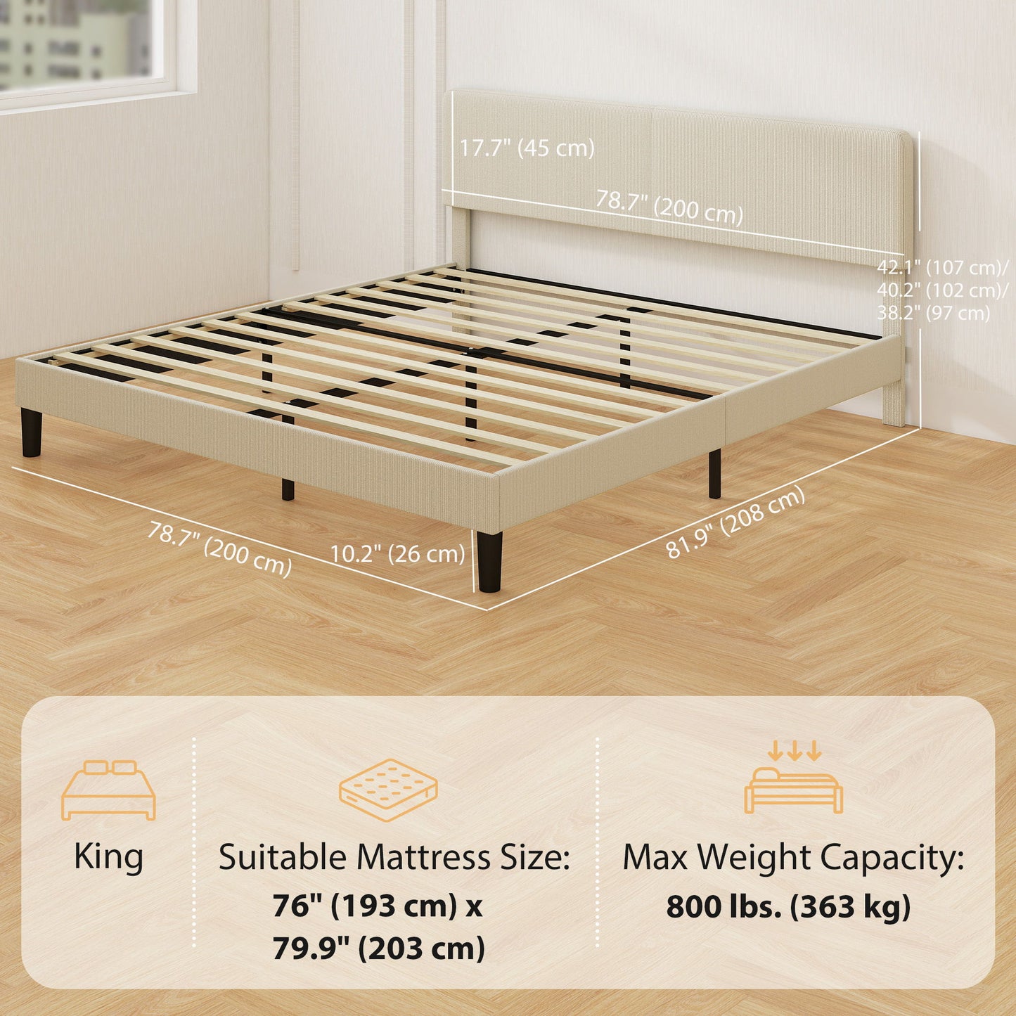 King Size Bed Frame with Adjustable Upholstered Headboard Platform Bed Frame Wood Slat Support Noise Free Light Grey