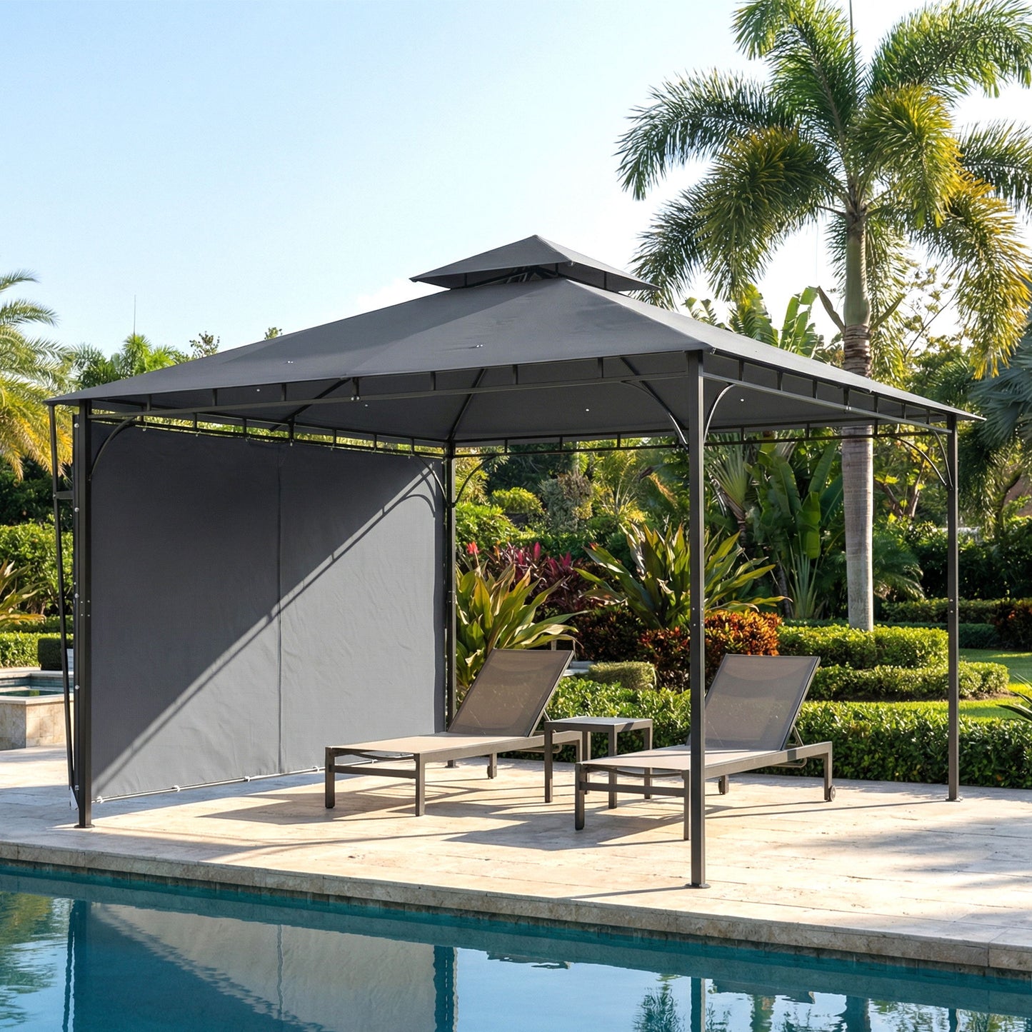 Patio Gazebo with Double Roof Outdoor Gazebo Canopy with Extendable Shade 126" x126" Dark Grey