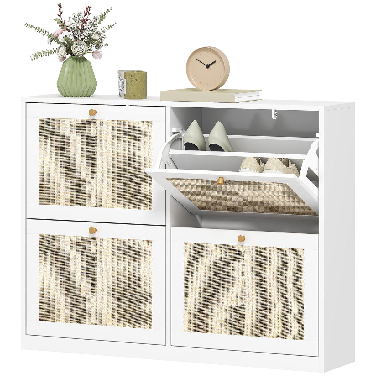 Narrow Shoe Storage Cabinet, Rattan Shoe Cabinet with 4 Flip Drawers and Adjustable Shelves for 20 Pairs, White