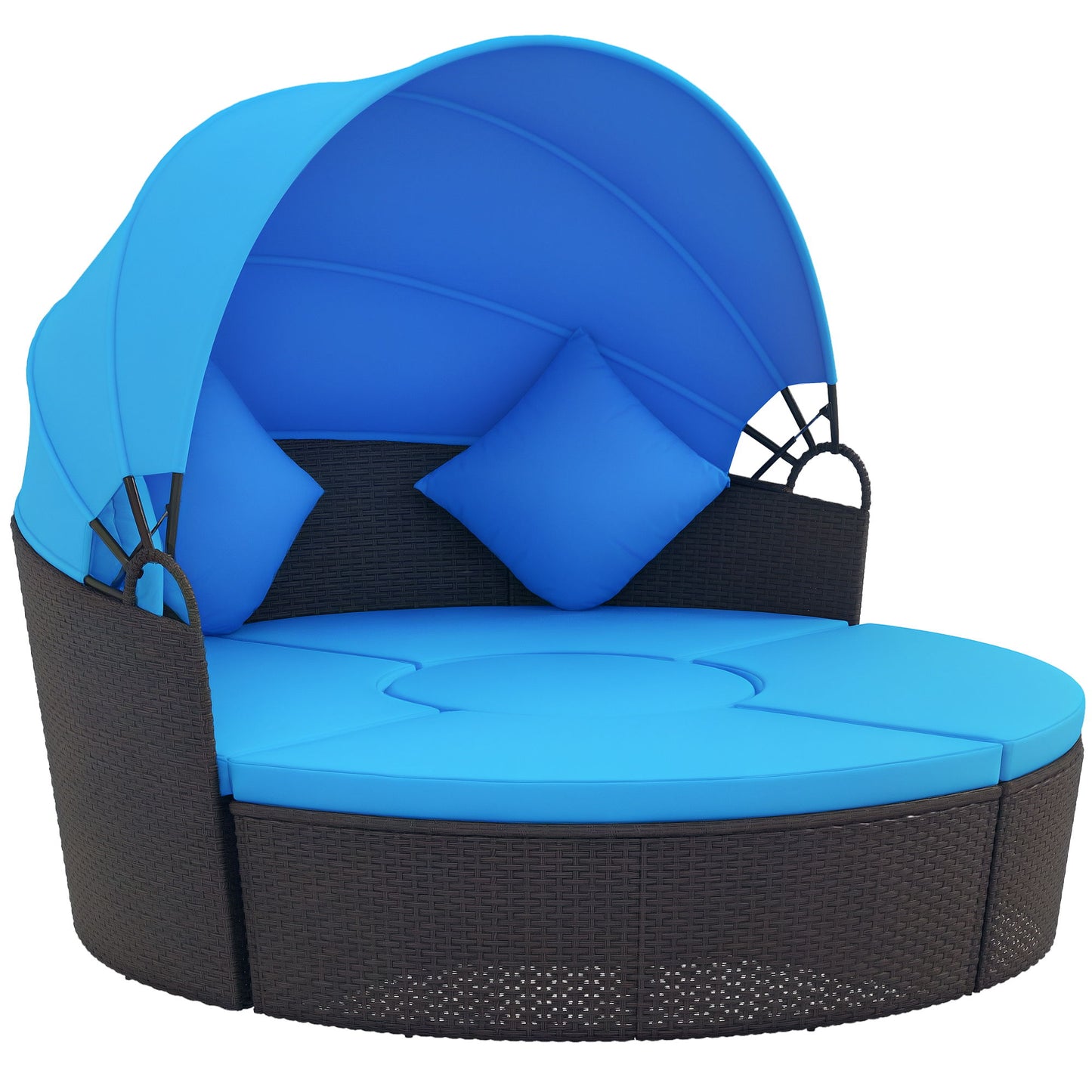 4-piece Outdoor Daybed with Retractable Canopy, Wicker Outdoor Sofa with Cushions and Pillows Blue