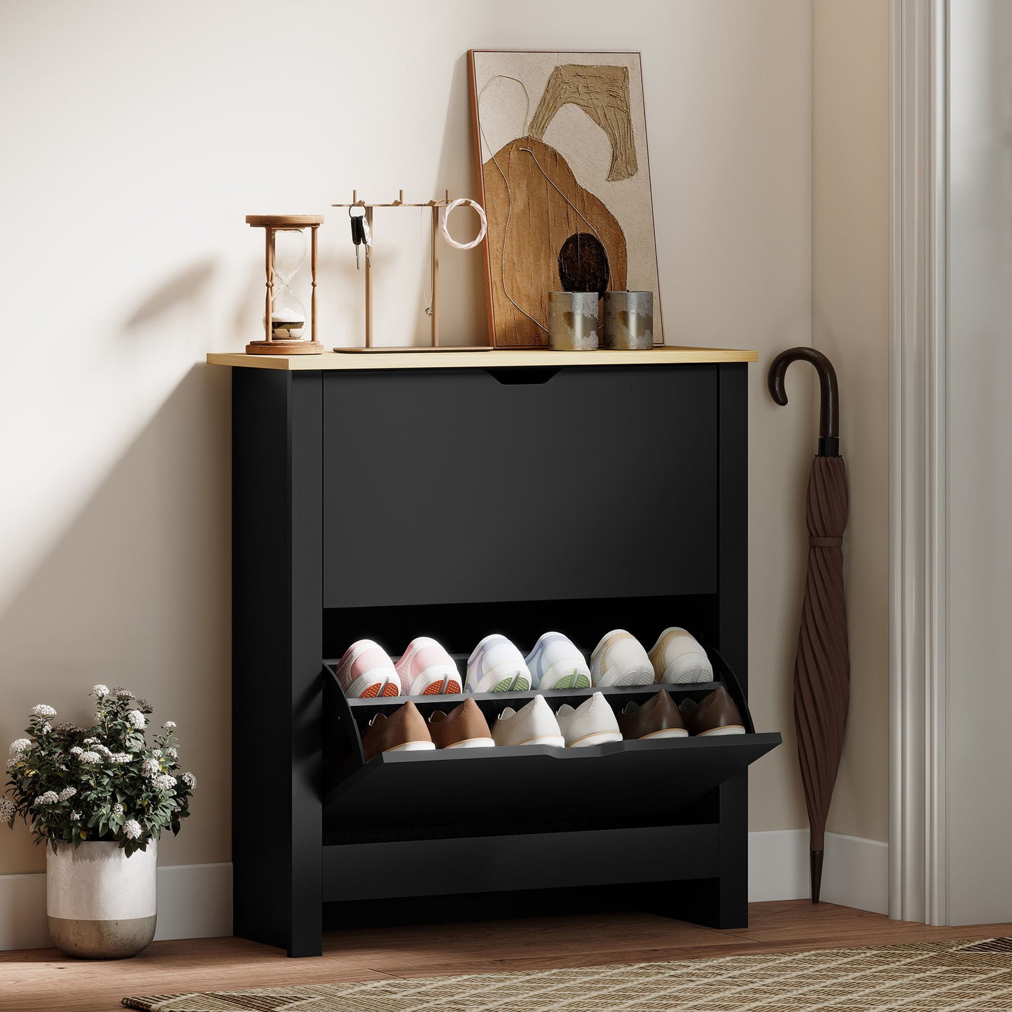 Shoe Storage Cabinet with 2 Flip Drawers and Adjustable Shelves for 8–12 Pairs of Shoes, Black