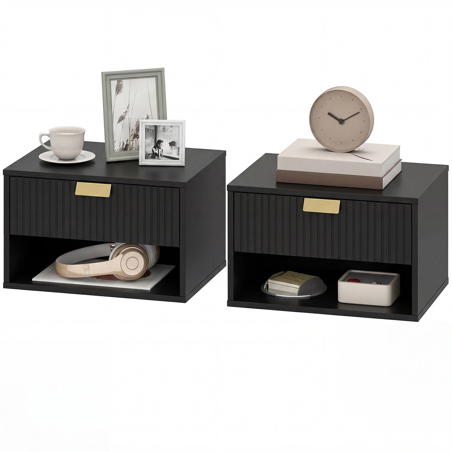 Set of 2 Wall Mounted Bedside Tables, Floating Nightstands with Fluted Drawer and Open Shelf for Bedroom, Black