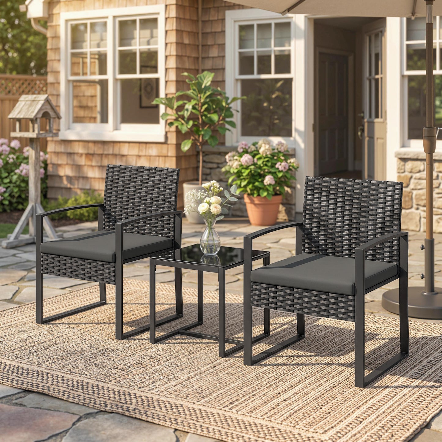 Outdoor Bistro Set, 3 Piece Wicker Patio Furniture Set with Glass Top Table and Cushions for Porch, Balcony, Dark Grey