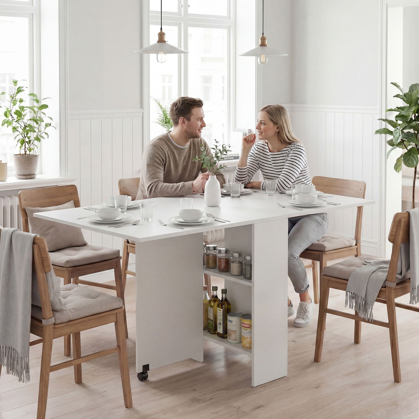 Extendable Dining Table, Collapsible Folding Table w/ 2-tier Shelves and Rolling Casters, White