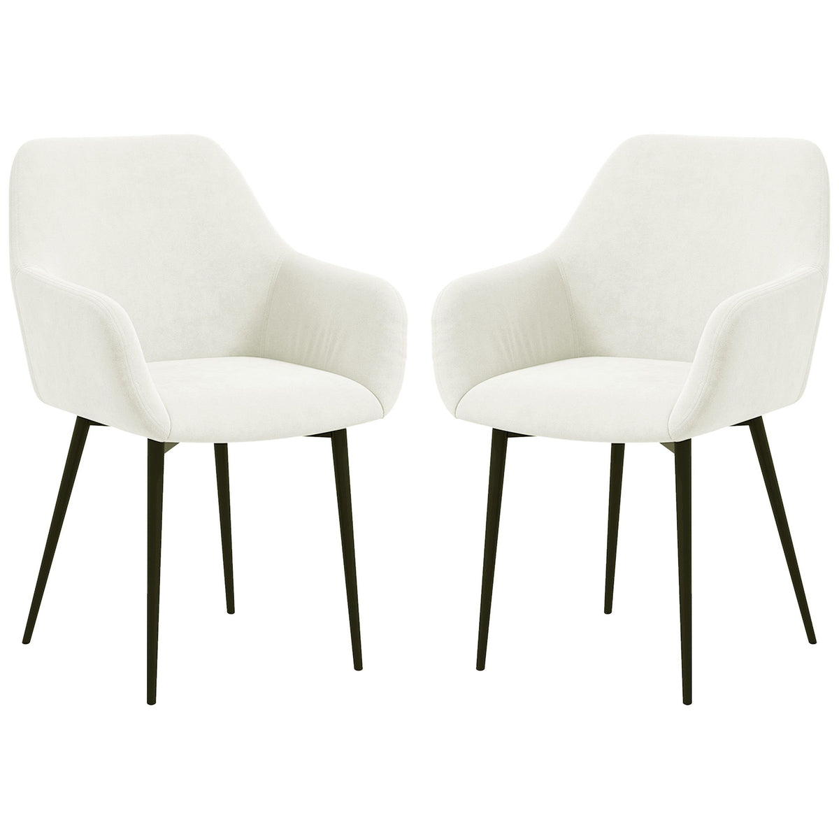 Dining Chairs Set of 2, Velvet-look Fabric Upholstered Kitchen Chairs with Backrest, Armrests and Steel Legs, Cream White