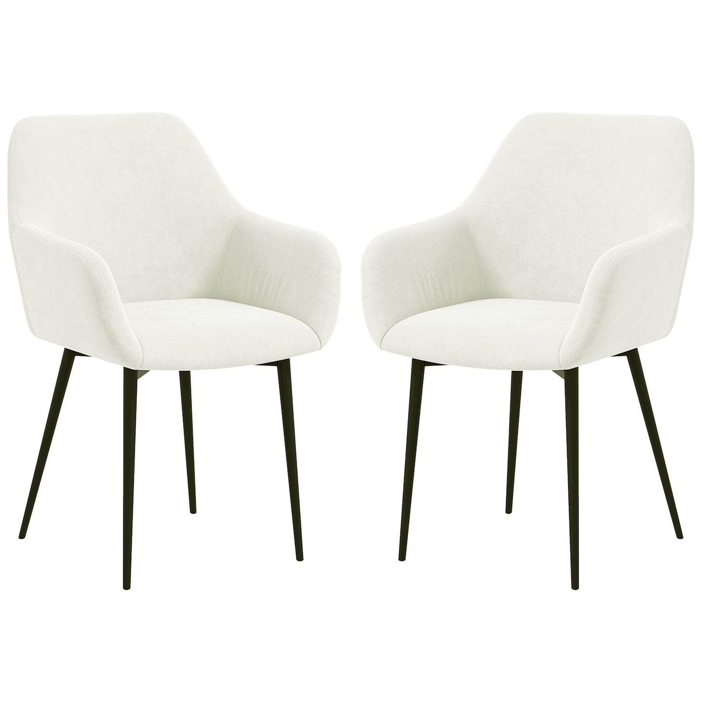 Dining Chairs Set of 2, Velvet-look Fabric Upholstered Kitchen Chairs with Backrest, Armrests and Steel Legs, Cream White