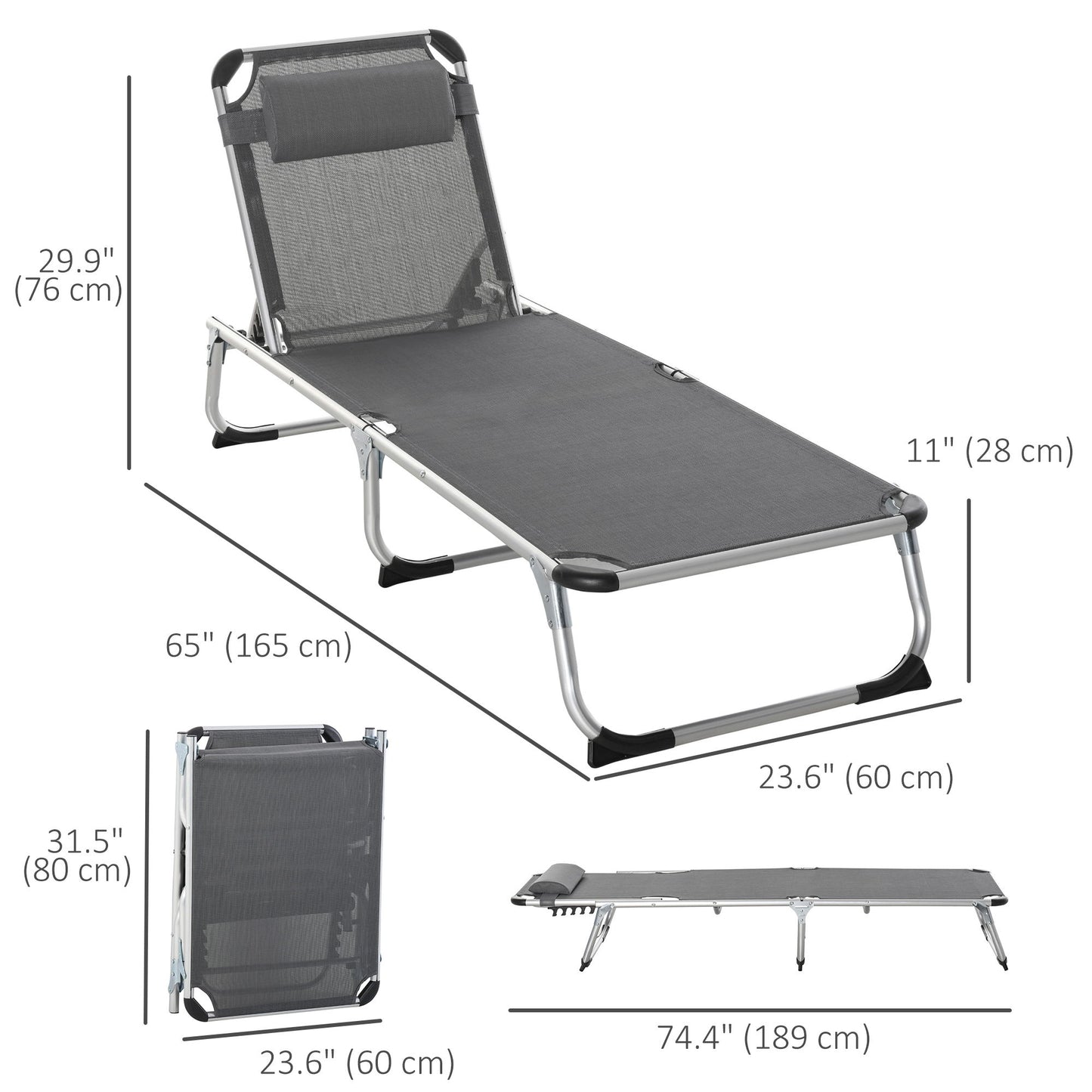 Folding Lounge Chair, Aluminum Frame Tanning Chair, Patio Lounger with Headrest, 5-Level Adjustable Backrest, Grey