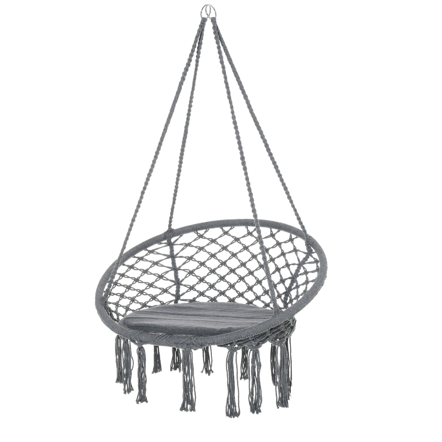 Patio Hammock Chair, Hanging Rope Hammock Swing for Indoor & Outdoor Use with Backrest, Cotton-Polyester Blend, Fringe Tassels, Dark Grey