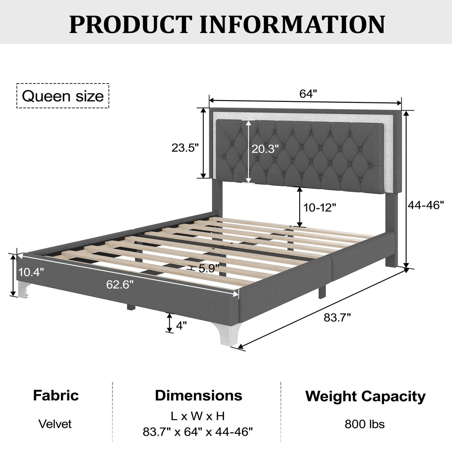 Queen Size Upholstered Bed Frame with LED Lights, Modern Velvet Platform Bed with Tufted Headboard, 84" L x 64" W x 44.5" H, Gray