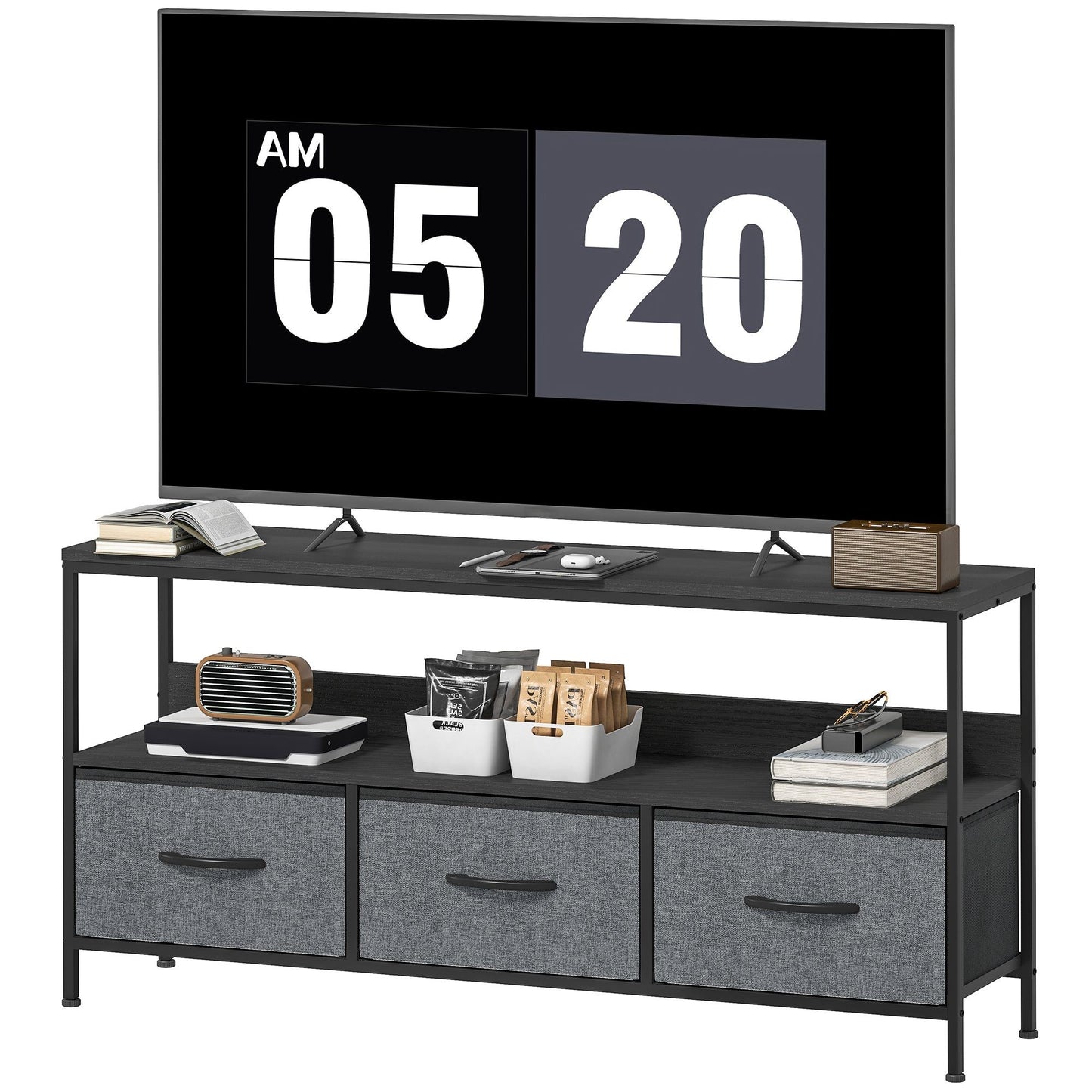 TV Stand with Charging Station and 3 Linen Drawers - Black