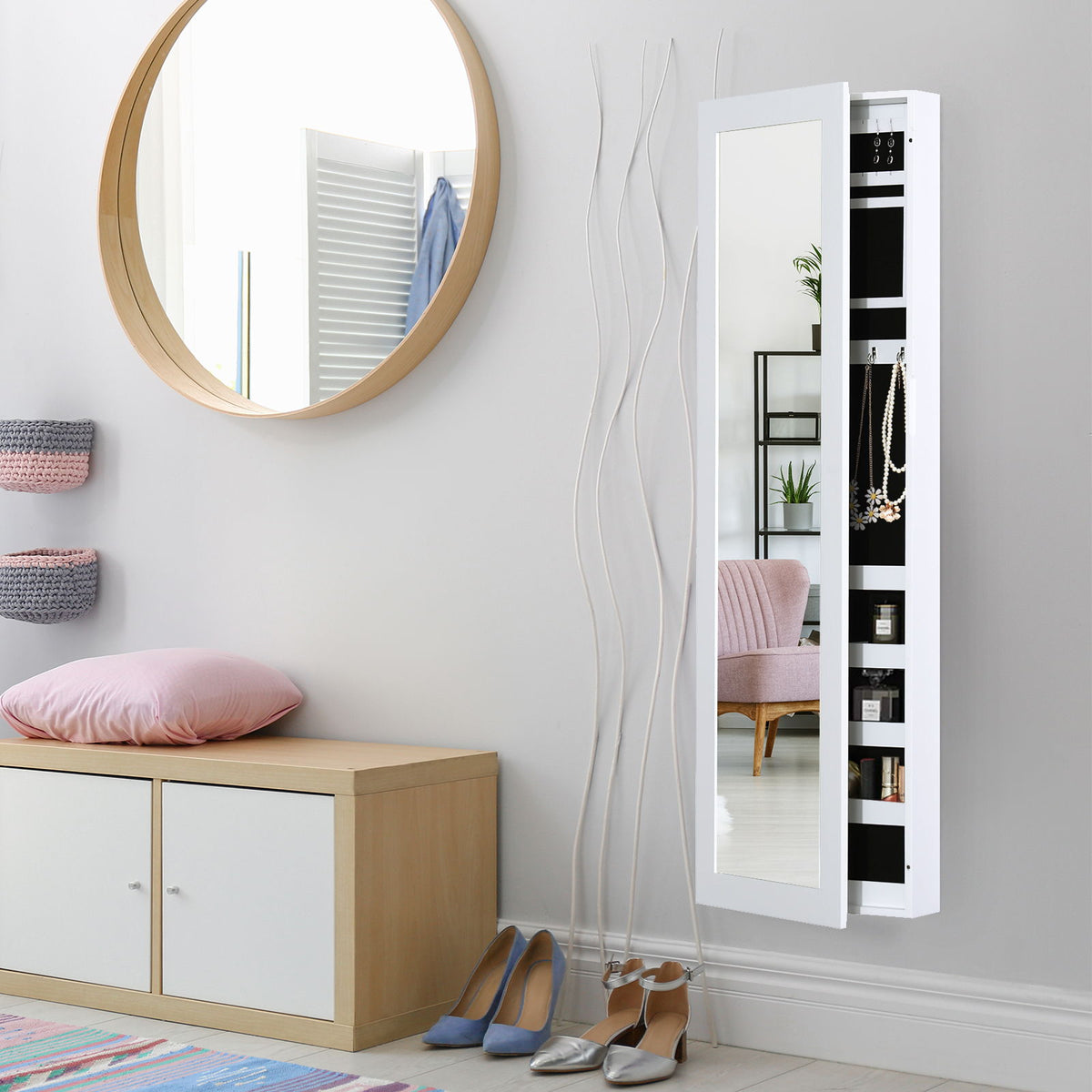 Mirror Jewellery Cabinet Armoire with Full Length Mirror, Wall Mounted Jewellery Organizer, White