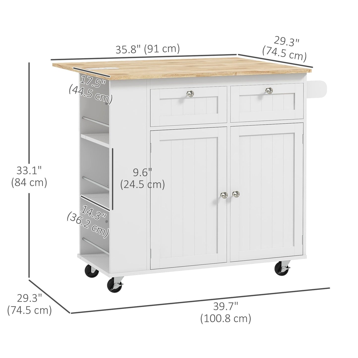 Kitchen Island with Power Outlet and Drop Leaf - White