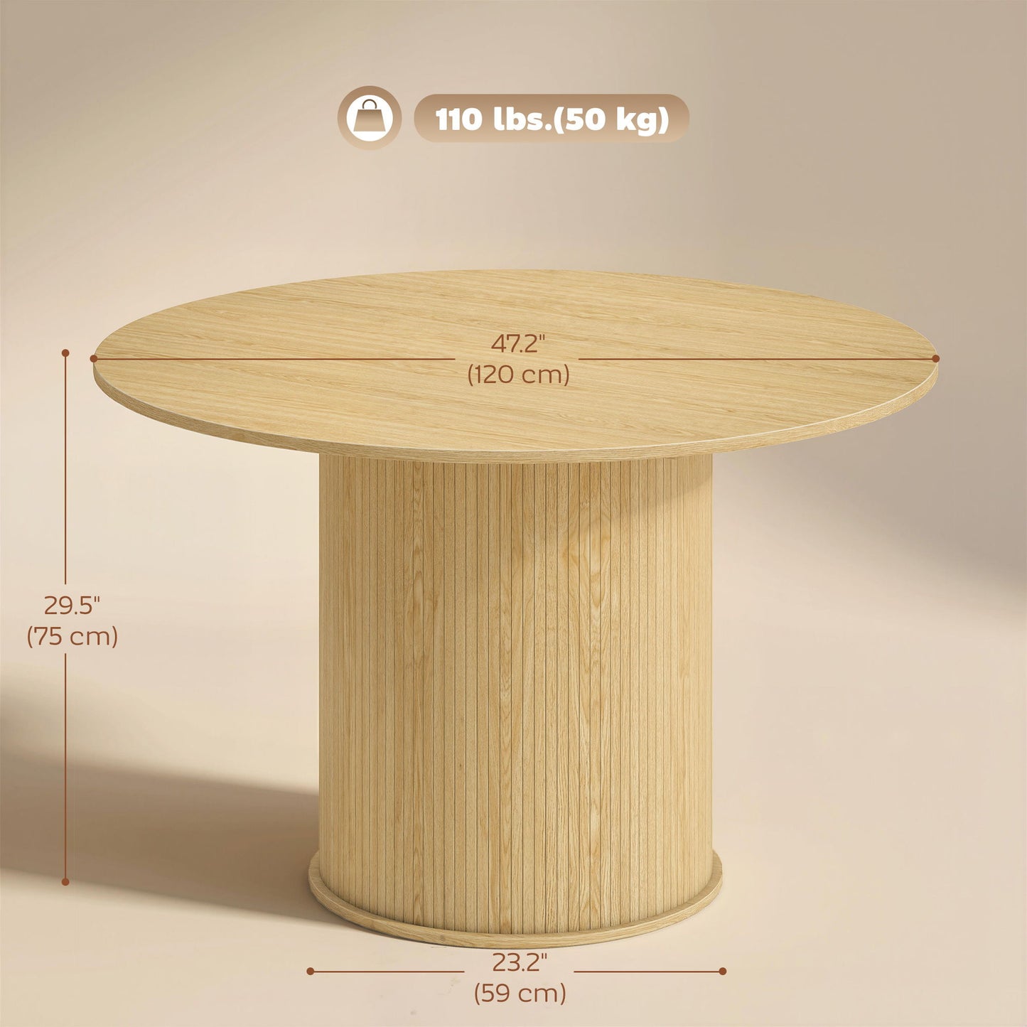 Round Dining Table for 5, 47 Inch Kitchen Table with Fluted Pedestal Base, for Kitchen Living Room Dining Room, Natural