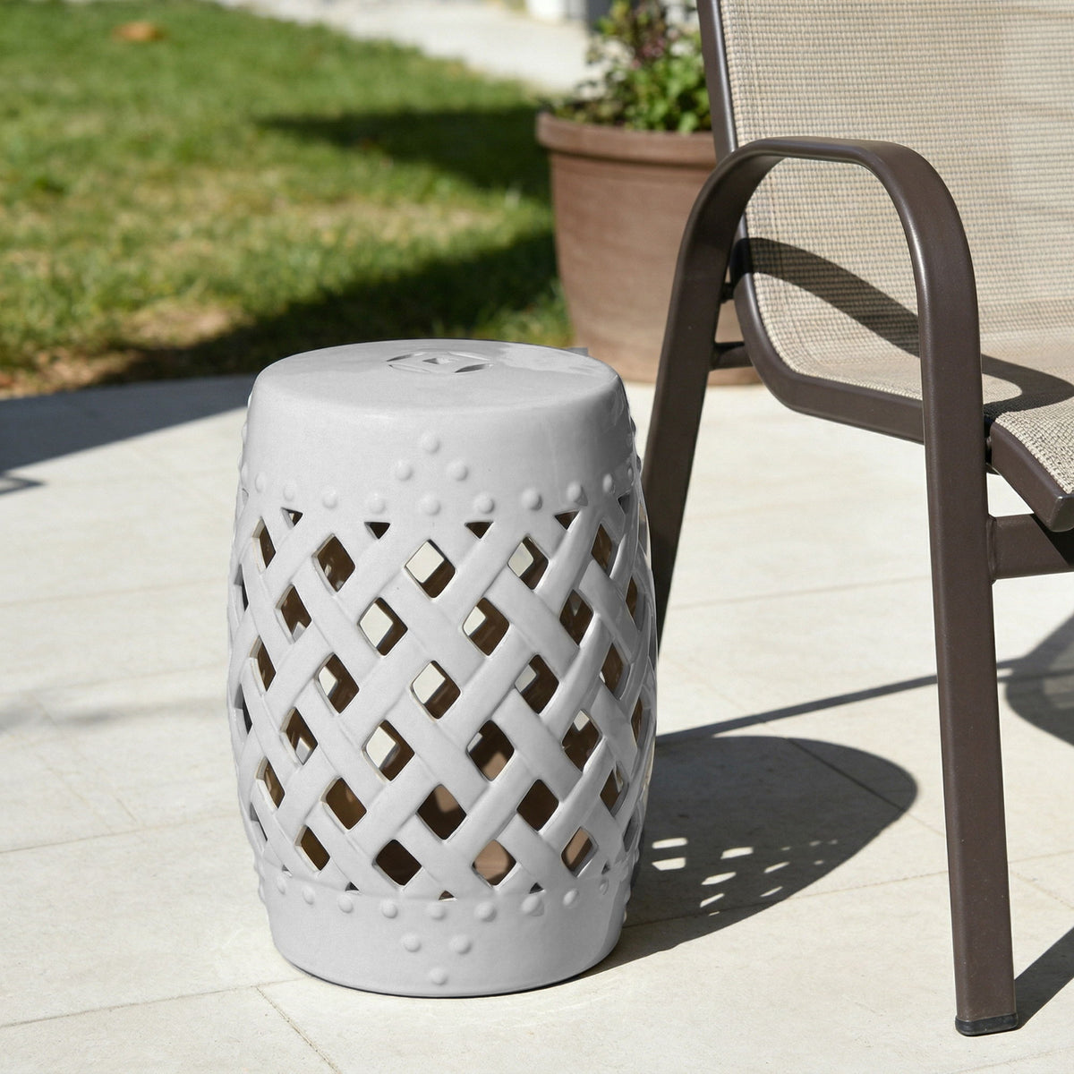 18" Ceramic Garden Stool with Woven Lattice Design, Indoor & Outdoor Decorative Accent Stool, White