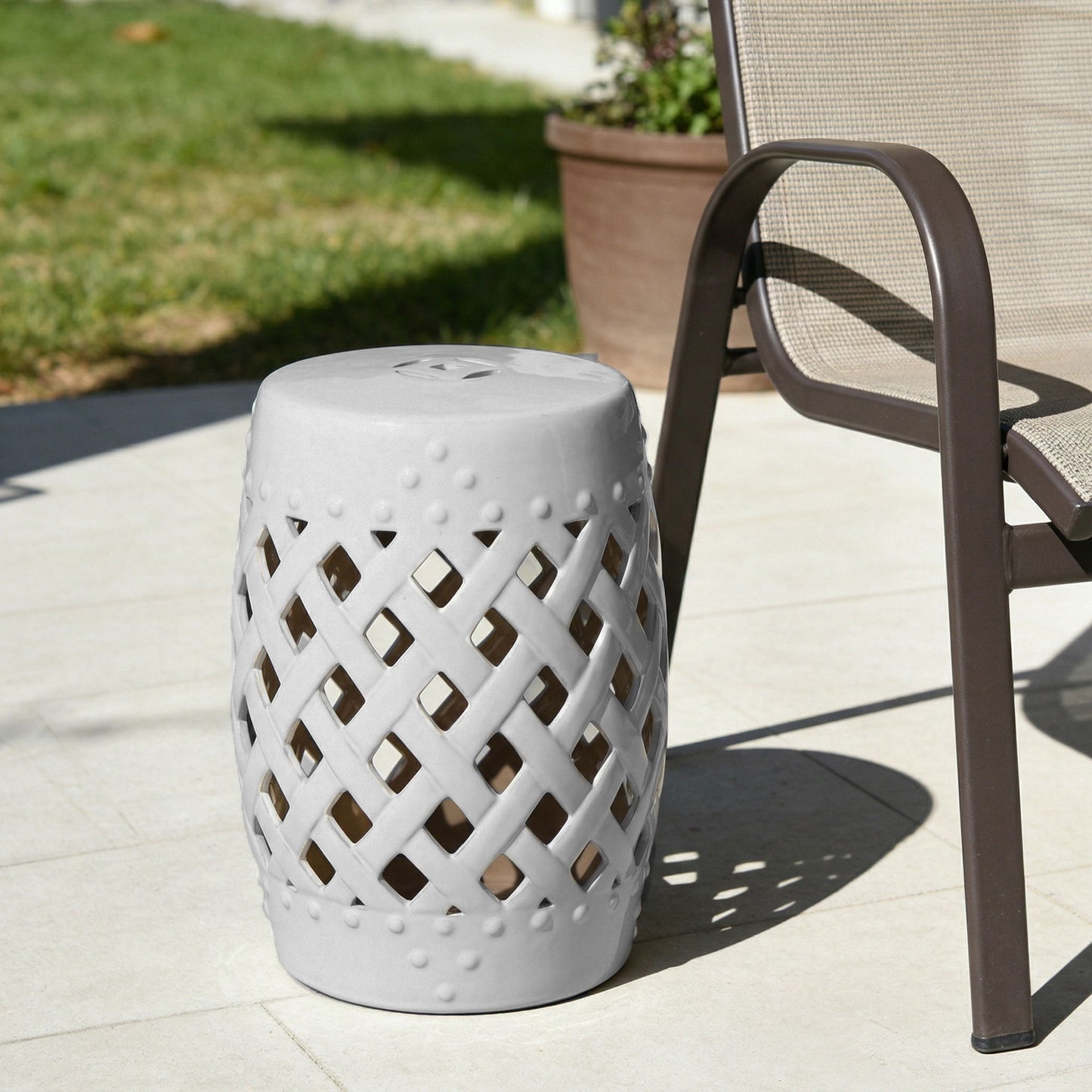18" Ceramic Garden Stool with Woven Lattice Design, Indoor & Outdoor Decorative Accent Stool, White