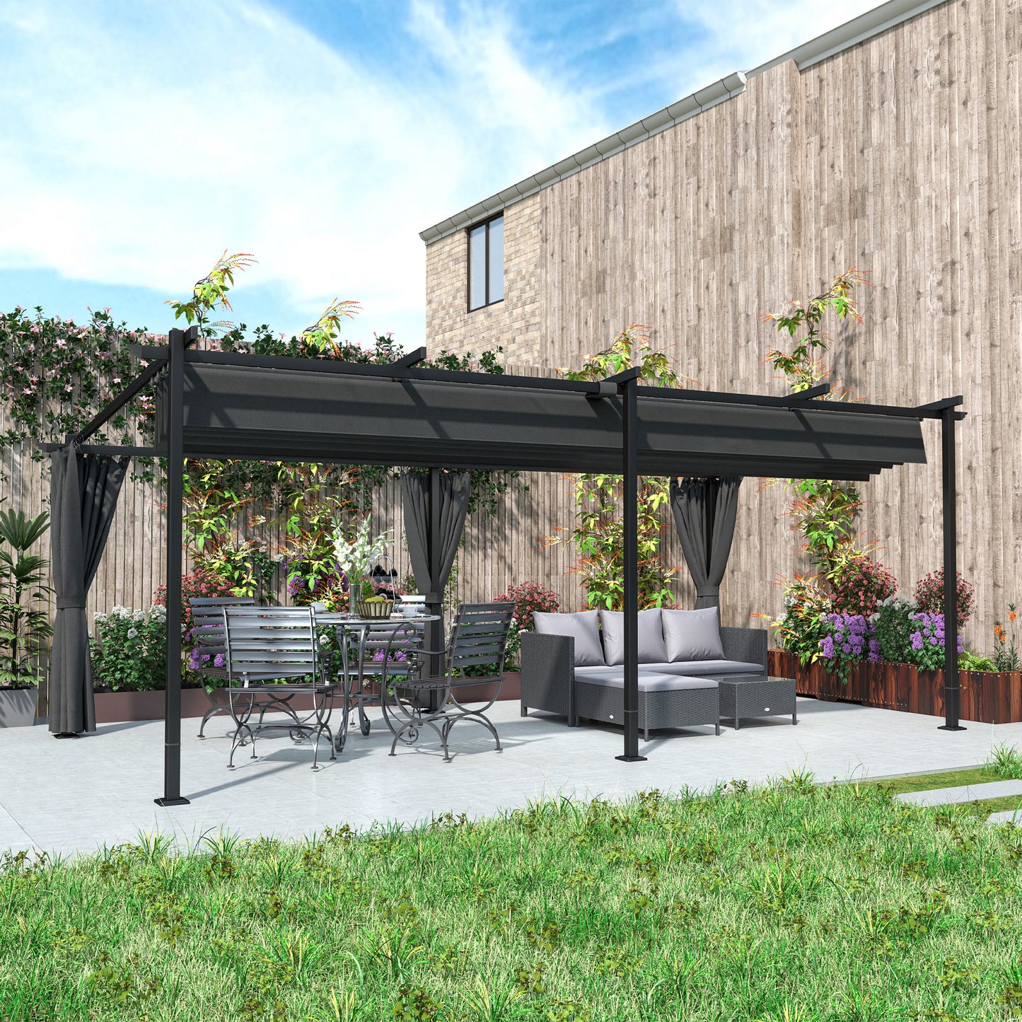 Metal Retractable Pergola Canopy with Sidewalls, Outdoor Gazebo UPF30+ Sun Shade Shelter for Garden, Deck