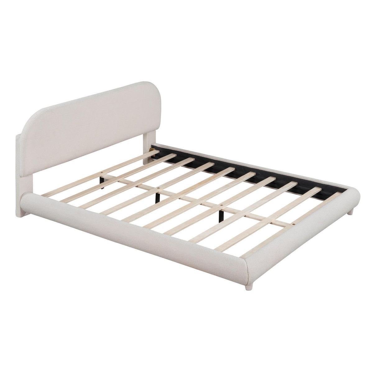 Queen Size Upholstered Platform Bed with Curved Headboard and Footboard, Solid Bedboard with Wooden Slats, 86.5'' L x 67'' W x 37'' H, Beige