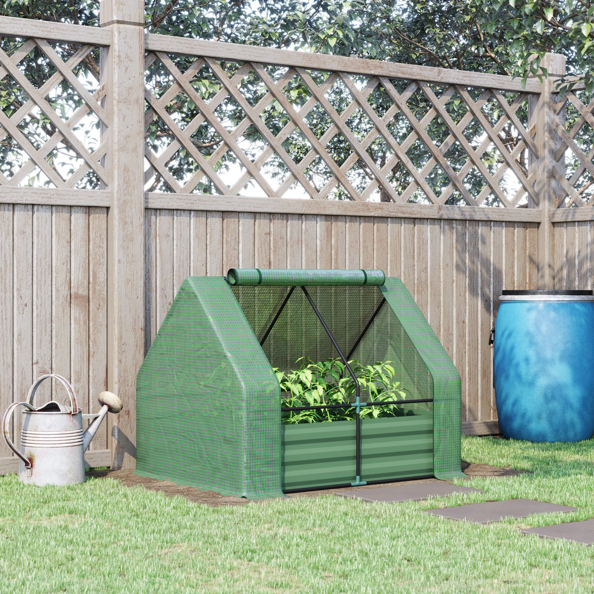 Steel Outdoor Raised Garden Bed with Greenhouse,Cover, Roll Up Door, Dual Use, 50"x37.4"x36.2", Green