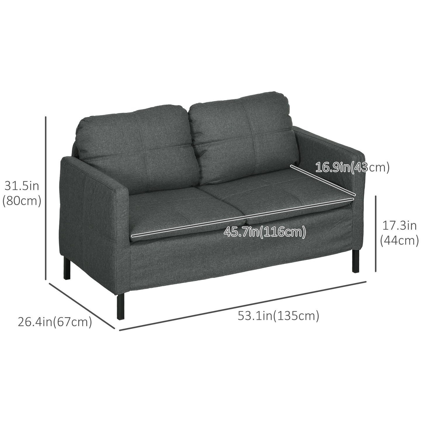 53" 2 Seat Sofa, Upholstered Two Seater Couch with Sturdy Steel Legs for Bedroom, Living Room, Dark Grey
