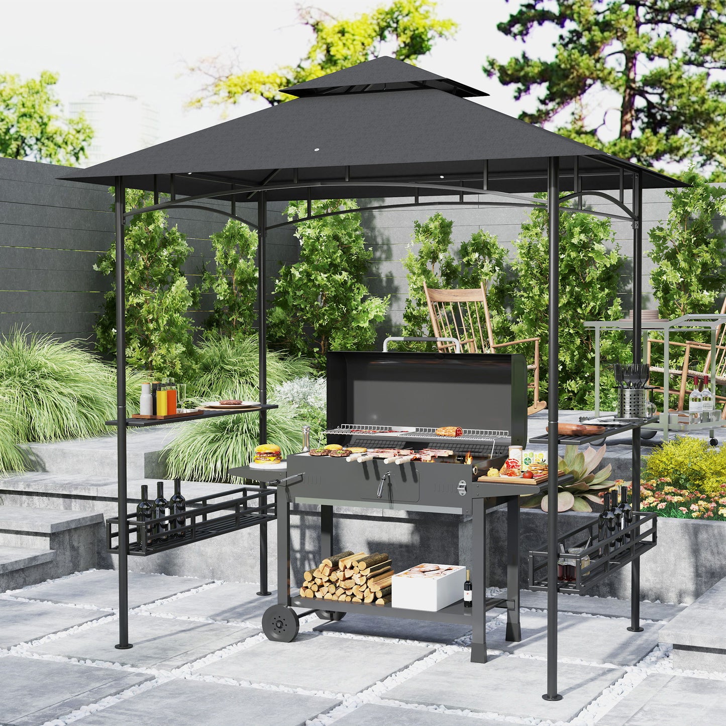 8' x 5' Barbecue Gazebo, 2-Tier BBQ Gazebo with 2 Side Shelves, Storage Basket, Hanging Hooks, Dark Grey