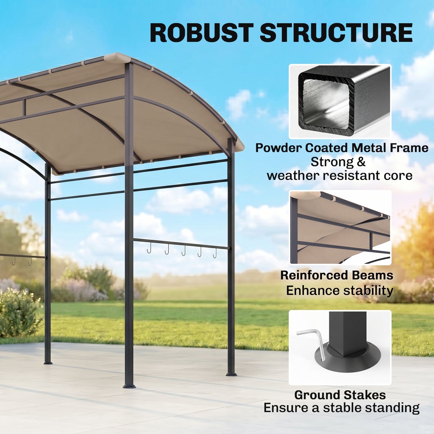 7' x 5' BBQ Grill Gazebo Tent, Garden Grill Canopy with Steel Frame and Hooks, Outdoor Sun Shade, Khaki