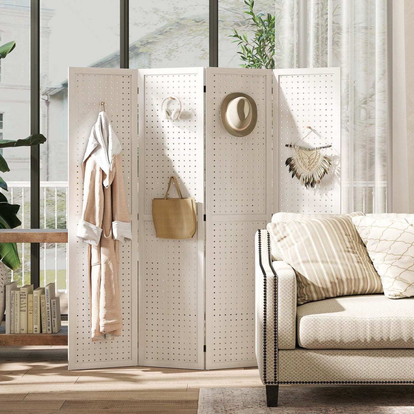 5.6 Ft. Tall 4-Panel Room Divider, Pegboard Panel Folding Privacy Screen, Partition Wall Divider for Bedroom, White