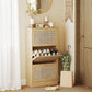 Rattan Shoe Storage Cabinet with 3 Flip Drawers and Adjustable Shelves, Entryway Shoe Cabinet for 18 Pairs, Oak
