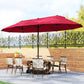 15' Outdoor Patio Umbrella with Twin Canopy Sunshade Steel Table Umbrella with Lift Crank, Cross base, Sandbag, Wine Red