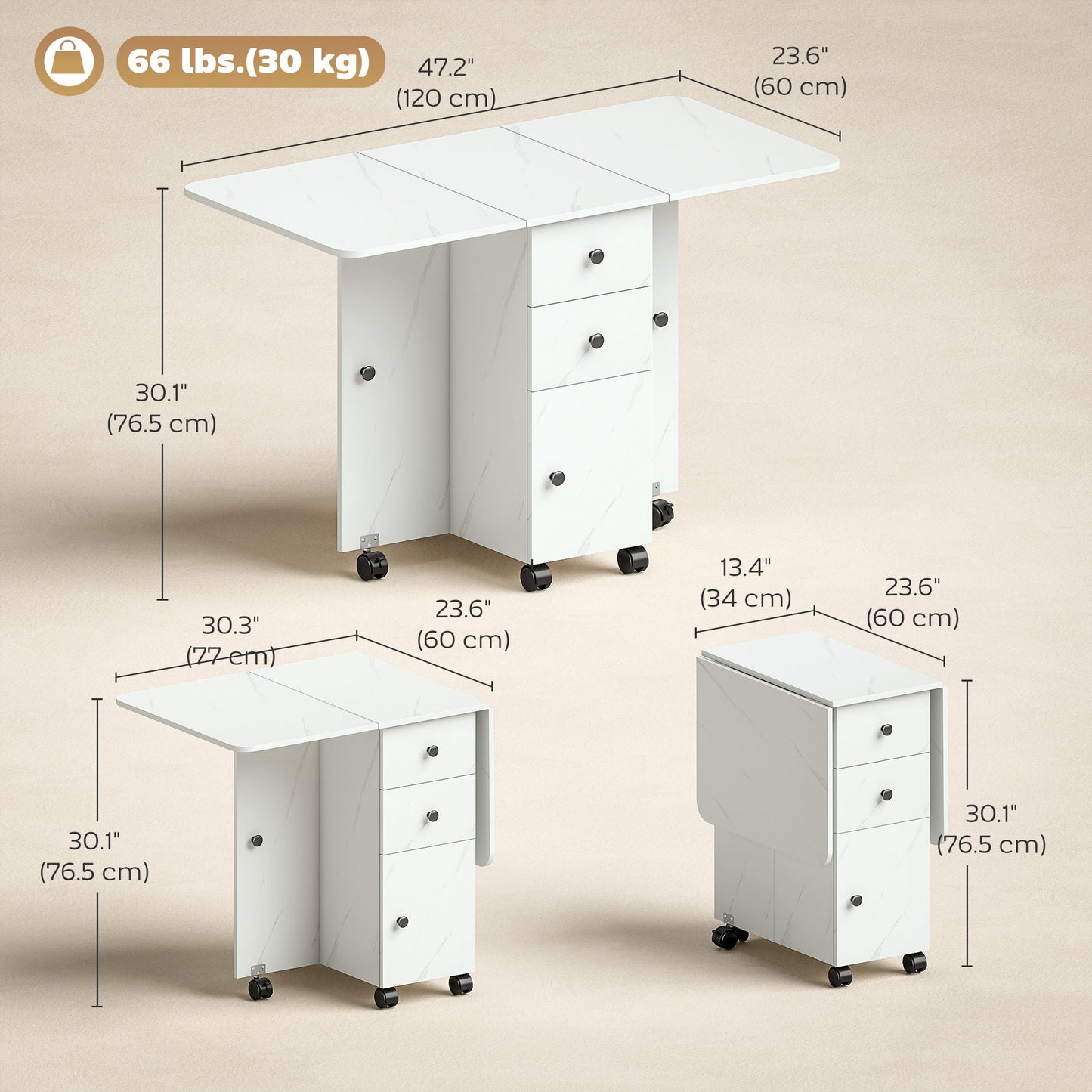 Drop Leaf Dining Table, Mobile Folding Table on Wheels with Drawers and Cabinet for Dining Room, Kitchen, Marble White