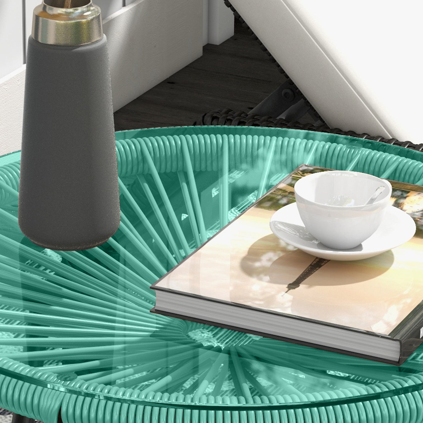 Rattan Side Table, Round Outdoor Table, with Round PE Rattan and Tempered Glass Table Top for Patio, Garden, Light Green