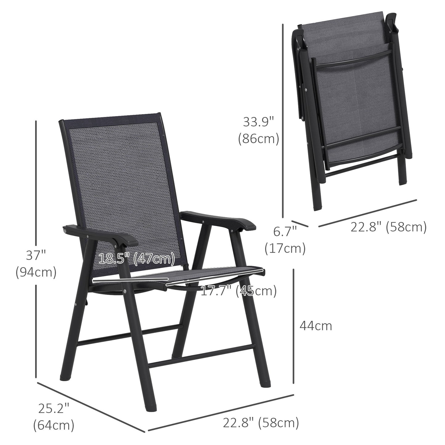 2-Piece Folding Chair Set for Relaxing on Patio Balcony Garden, Comfortable Outdoor Furniture with Armrests, Dark Grey