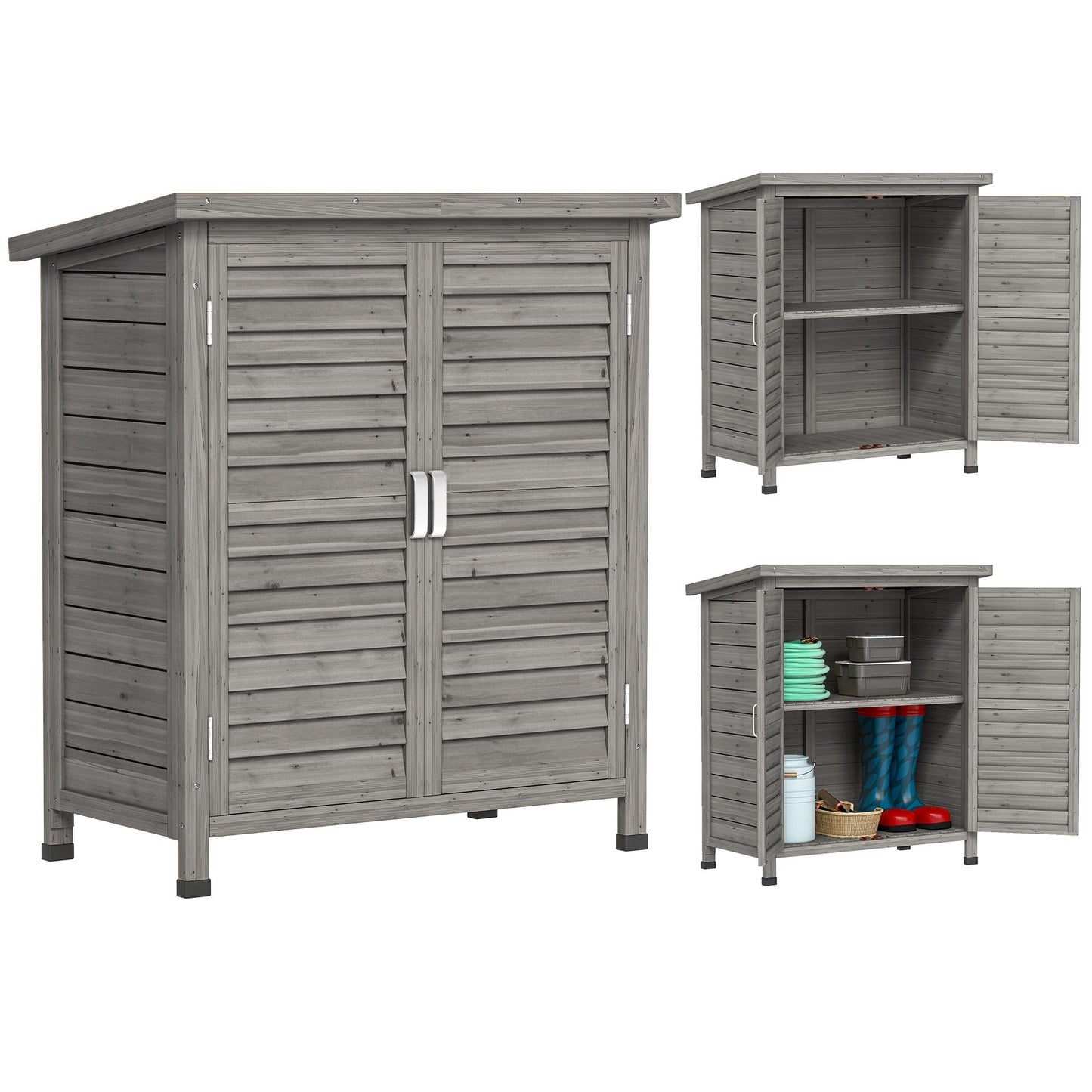Wooden Garden Storage Shed Kit Wood Garage Tool Organisation Cabinet with 2 Door, 34" x 18" x 38", Grey