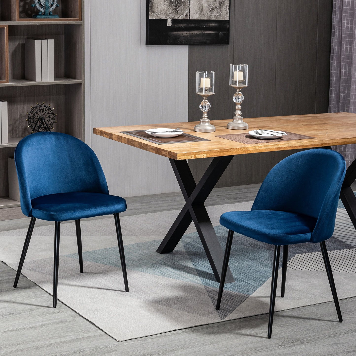 Set of 2 Mid-Back Dining Chair, Mid-Back Velvet-touch Upholstery Kitchen Chair for Living Room Dining Room, Dark Blue