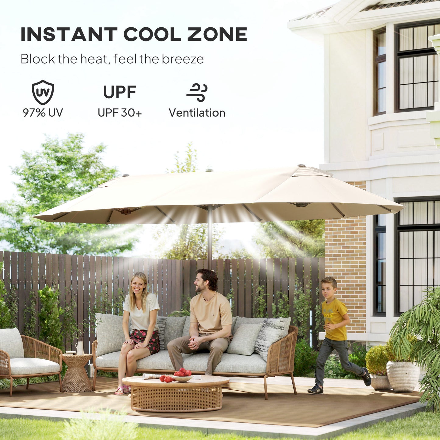 15' Outdoor Patio Umbrella with Twin Canopy Sunshade Steel Table Umbrella with Lift Crank Beige