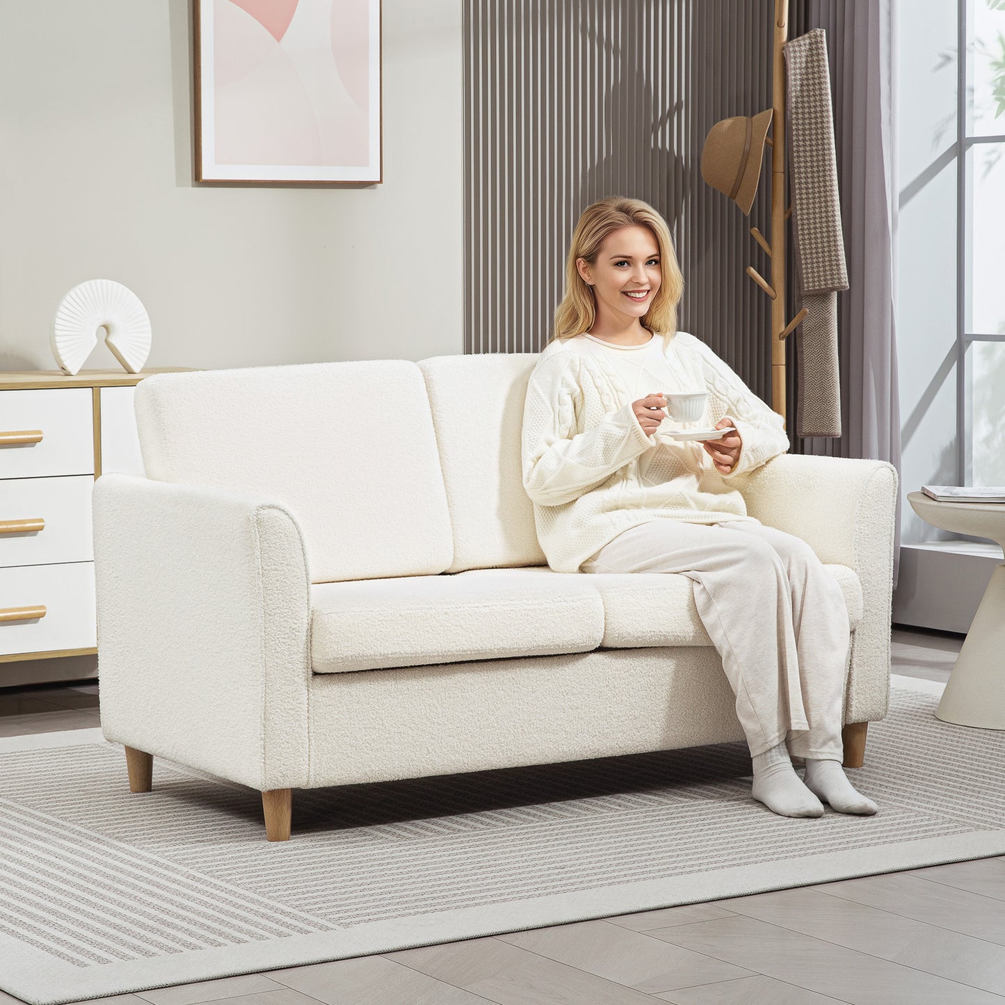 2-Seat Sofa Two-Seater Couch with Armrests and Wood Legs for Living Room, Bedroom, Cream White