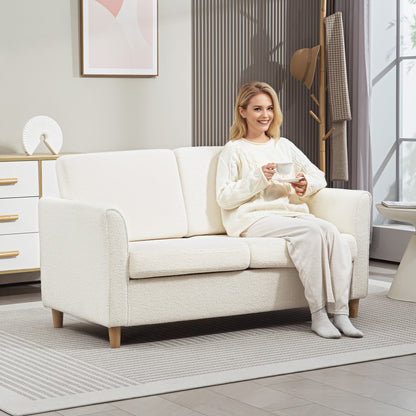 2-Seater Sofa with Armrests & Wood Legs - Cream White
