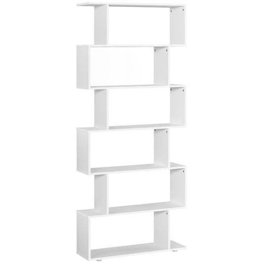 76" 6-Tier S-Shaped Geometric Bookcase - White