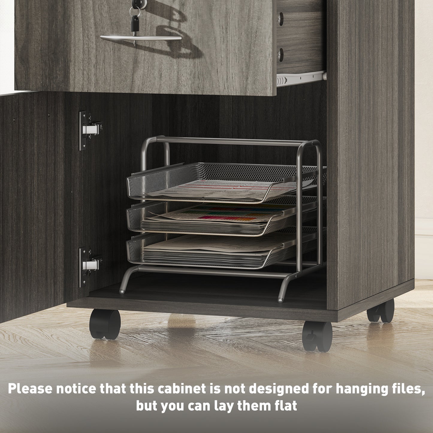 24" Filing Cabinet with Open Compartment, Lockable Drawer and Wheels, Home Office Storage Cabinet, Distressed Grey