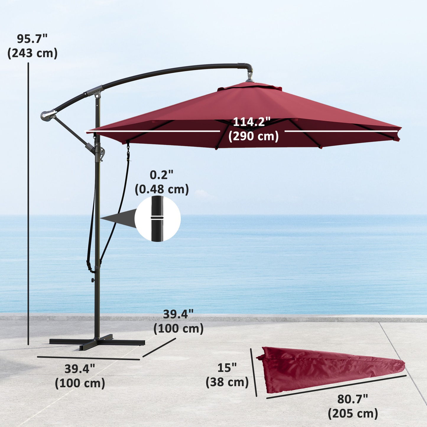 9.5' Cantilever Umbrella with Wind Protection Strap and Cover, Hanging Umbrella with Crank and Cross Base, UPF 50+, Red