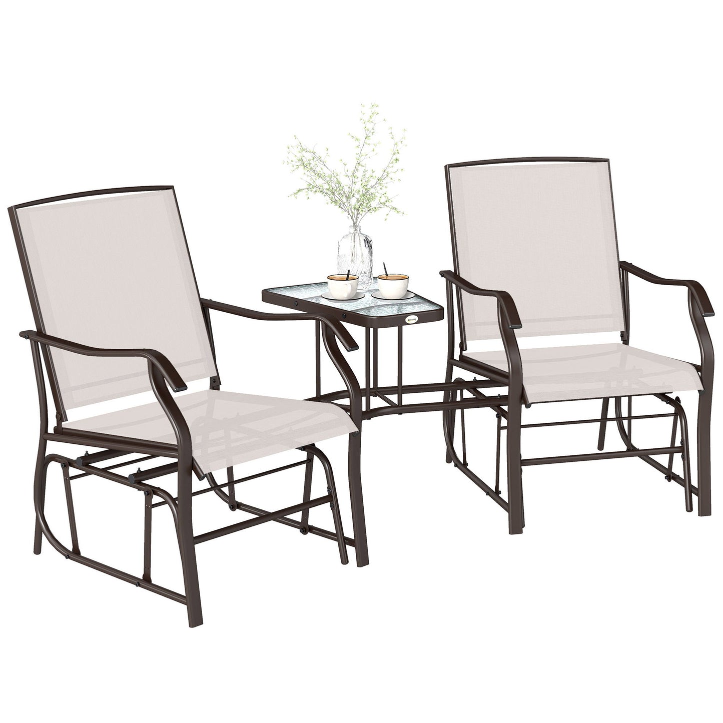 Double Patio Glider Chair with Glass Top Center Table, Outdoor Glider Loveseat with High Back, All Weather Breathable Mesh Fabric for Garden, Backyard, Deck, Beige