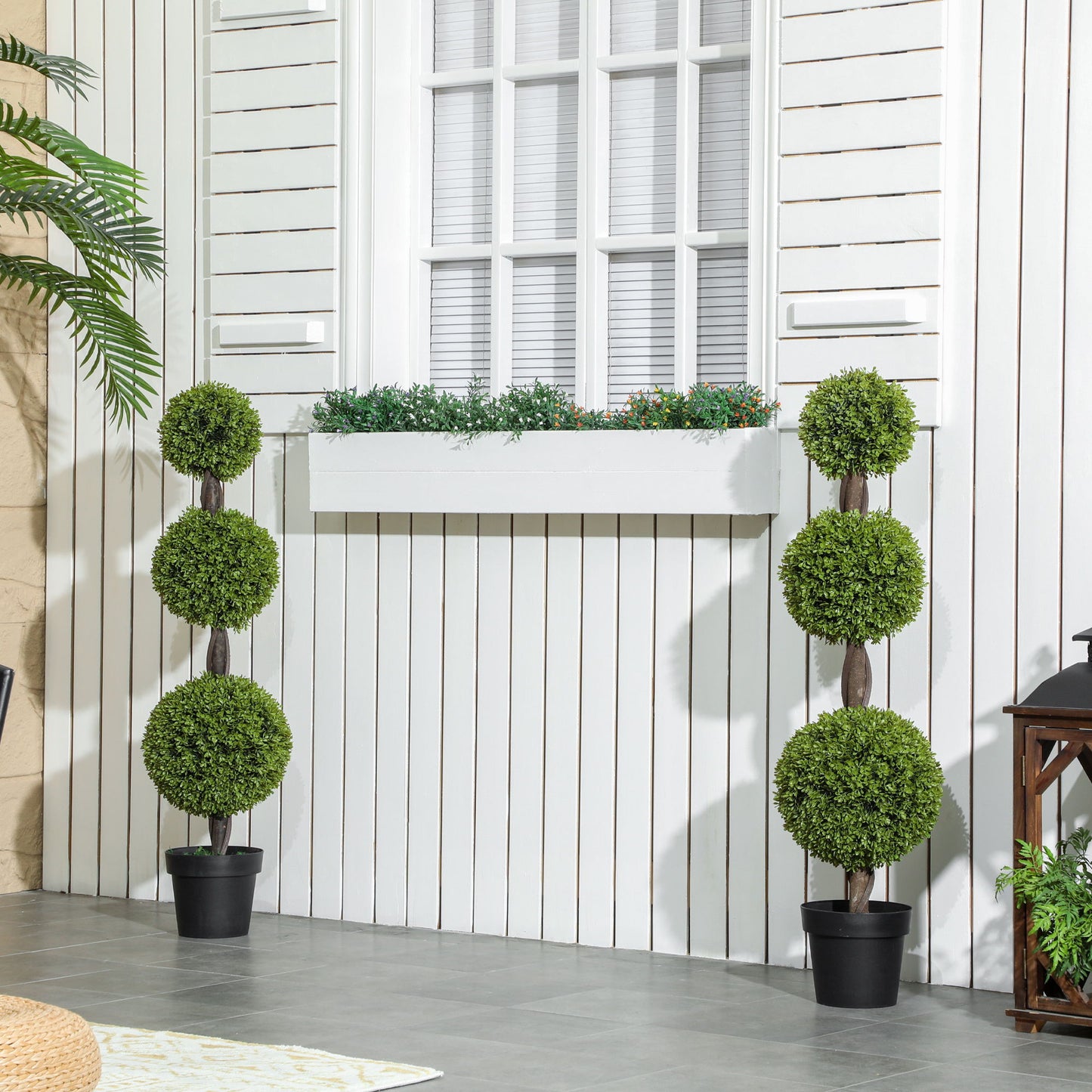 Set of 2 Artificial Ball Boxwood Topiary Trees, Fake Plants in Pots for Indoor Outdoor Decor, Green