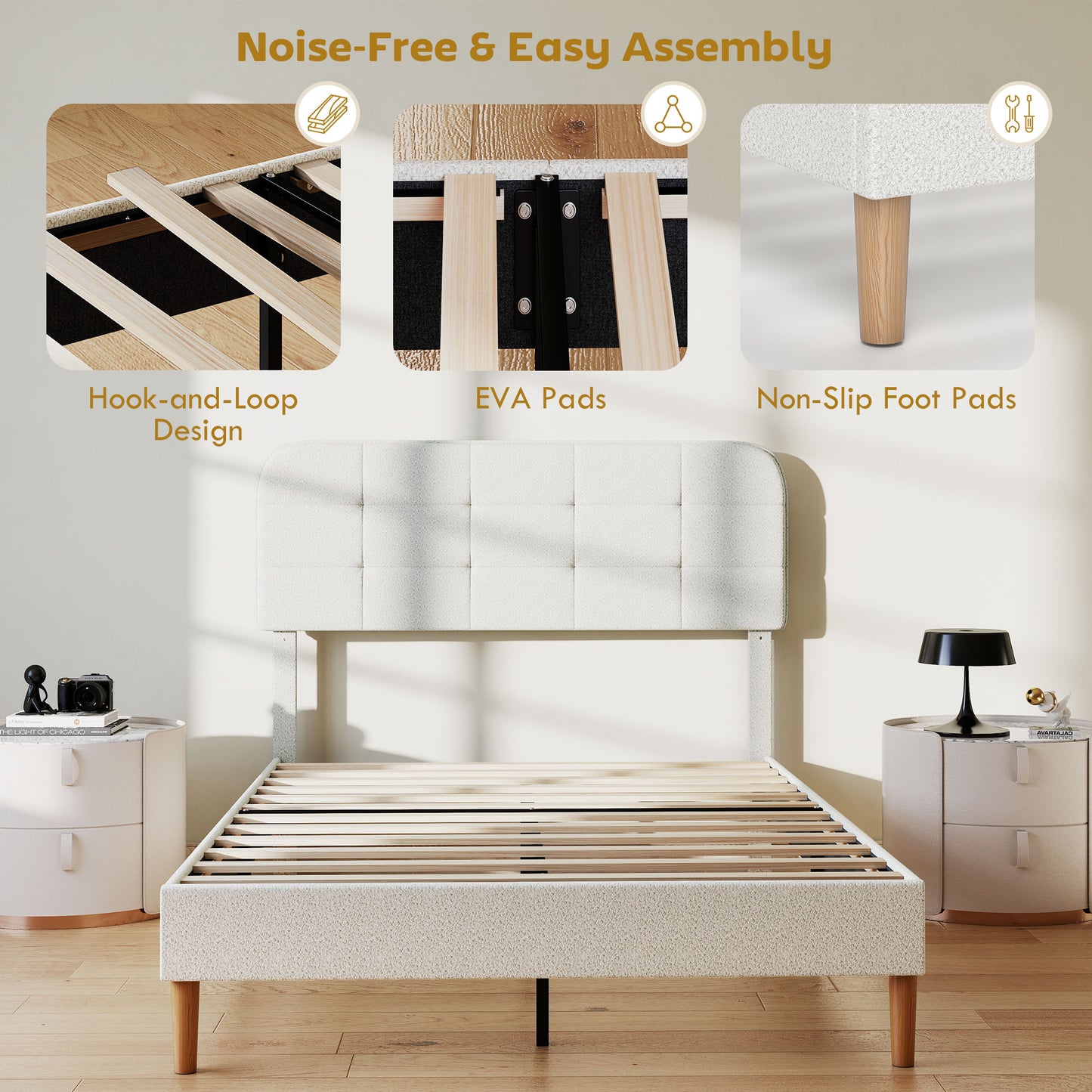 Queen Size Bed Frame with Adjustable Headboard Upholstered Platform Bed Frame with Wood Slat Support Noise Free White