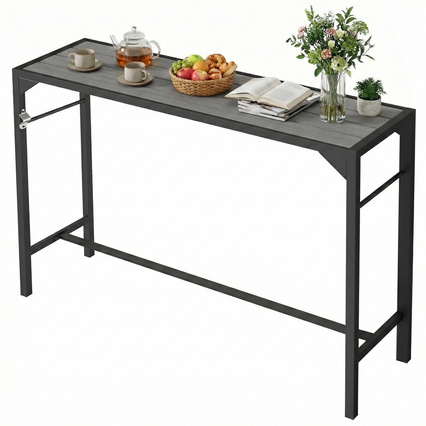Bar Height Outdoor Table with Built-In Bottle Opener, Patio Bar Table with Wood Grain Plastic Top, 55" x 15" x 39"